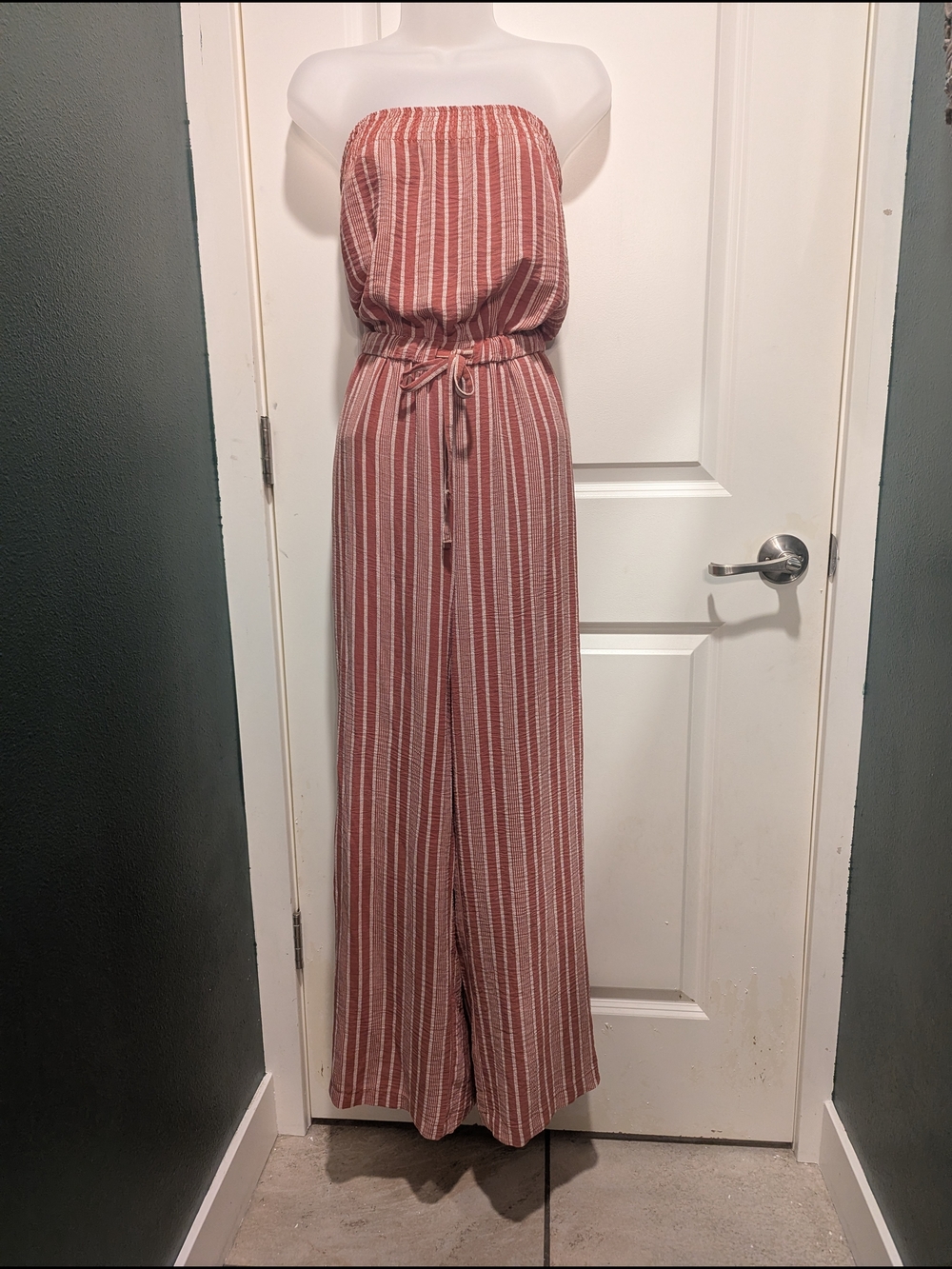 No Boundaries Rust and White Striped Strapless Jumpsuit - With Pockets!